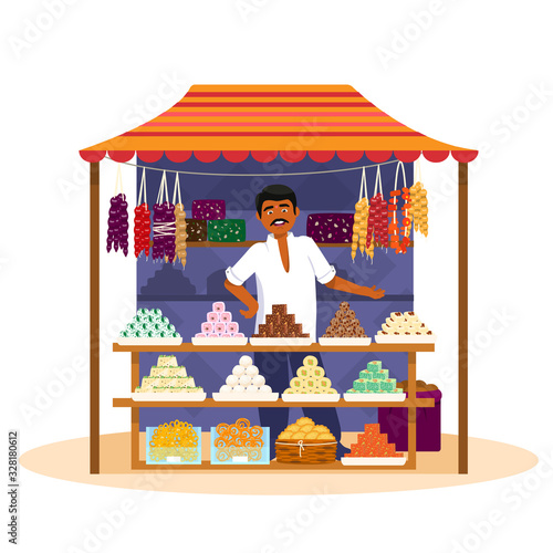 Indian man selling  traditional sweets. Vector illustration of Asian street sweets shop with seller in flat cartoon style. Isolated on white.