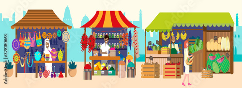 Vector illustration of asian bazaar with sellers. Souvenirs, pottery, spices, jewelry, fruits and vegetables. Flat vector illustration.