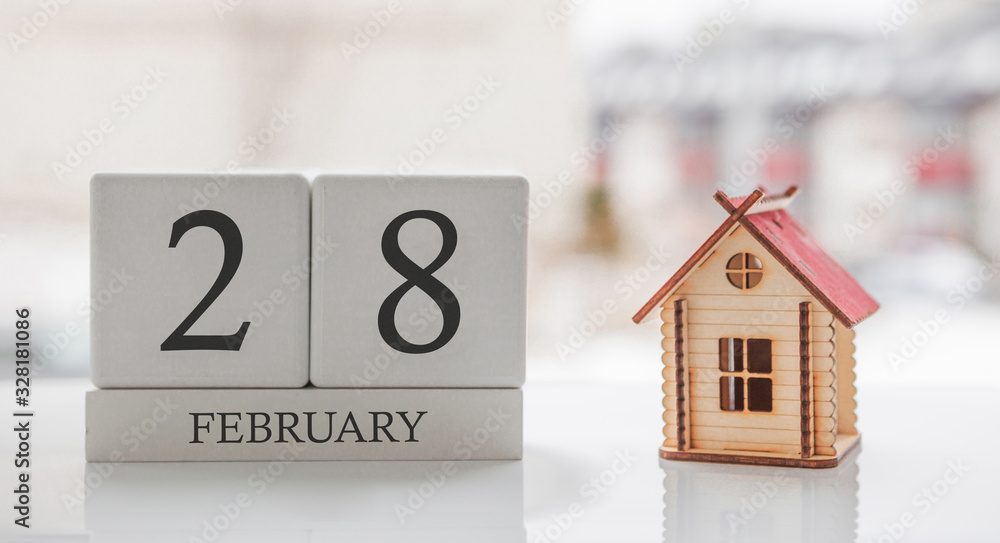 February calendar and toy home. Day 28 of month. Card message for print or remember February calendar and toy home. Day 28 of month. Card message for print or remember