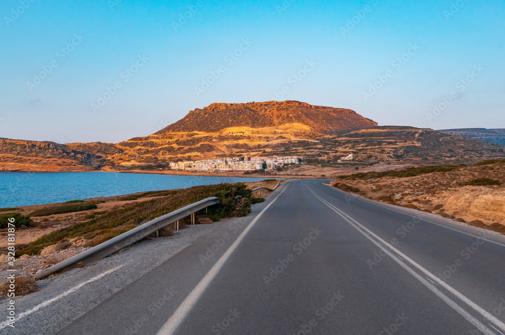 Crete island beach and mountains in sunset time. Greece vacation. Crete island beach and mountains in sunset time. Greece vacation.