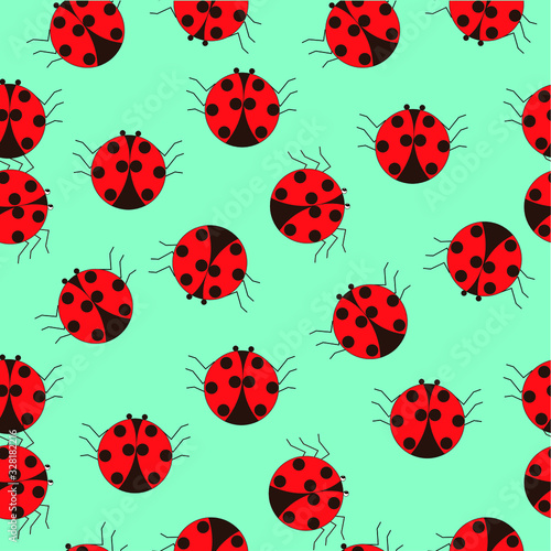Ladybug beetle seamless pattern on green. Art design elements stock vector illustration for web, for print, for fabric print