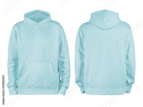 Men's pastel blue blank hoodie template,from two sides, natural shape on invisible mannequin, for your design mockup for print, isolated on white background