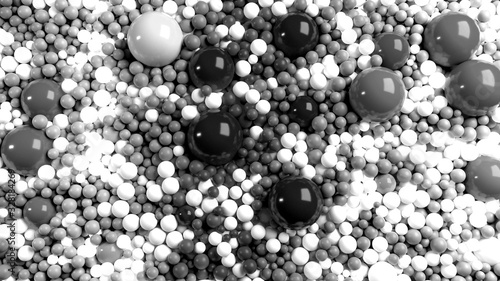 beautiful shiny balls of different shades of gray and sizes completely cover surface. Some spheres glow. 3d photorealistic render geometric holiday background of shiny balls © Green Wind