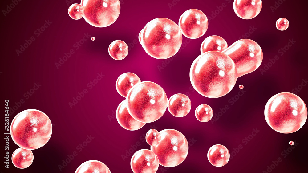 amasing abstract background of metaballs or glisten bubbles as if glass drops or spheres filled with red sparkles merge together and scatter around. 3d rendering 38