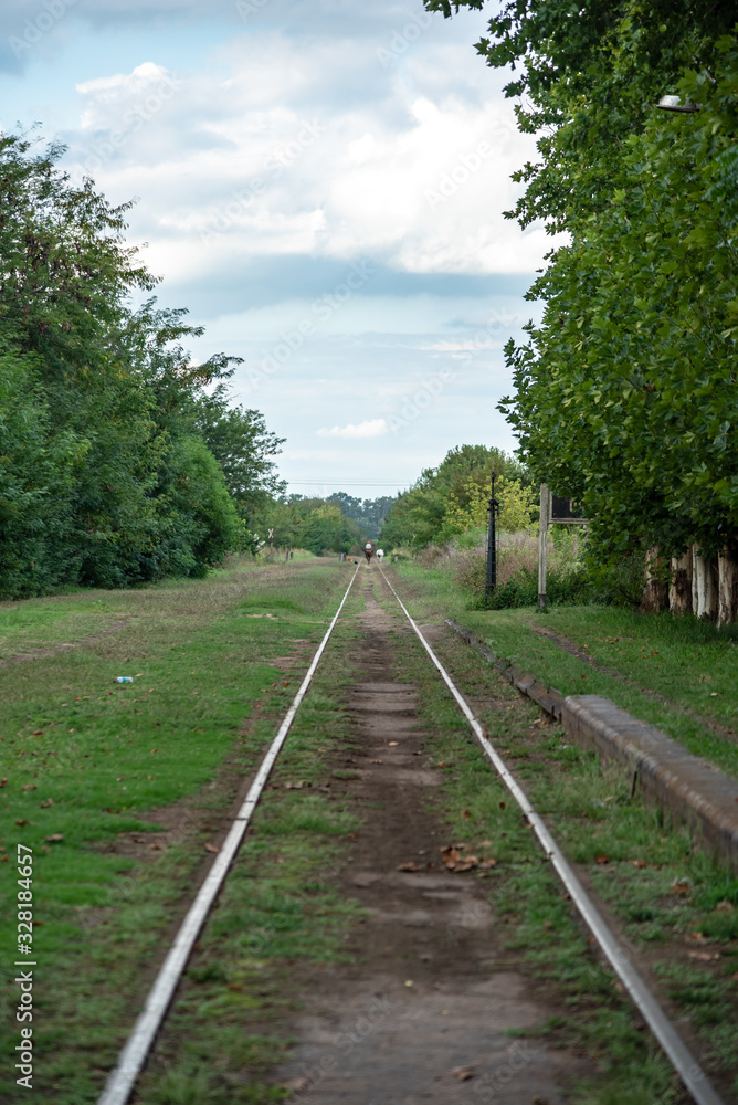 Fototapeta premium An abandoned railway track surrounded by plants with a person on a horse at the very back