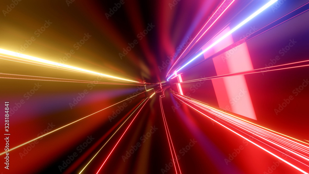 Sci-fi tunnel with neon lights. Abstract high-tech tunnel as background in the style of cyberpunk or high-tech future. Red yellow orange colors 8