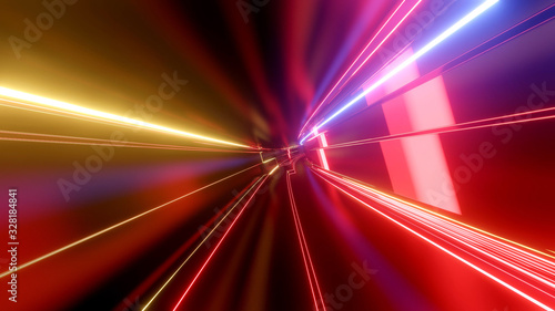 Sci-fi tunnel with neon lights. Abstract high-tech tunnel as background in the style of cyberpunk or high-tech future. Red yellow orange colors 8
