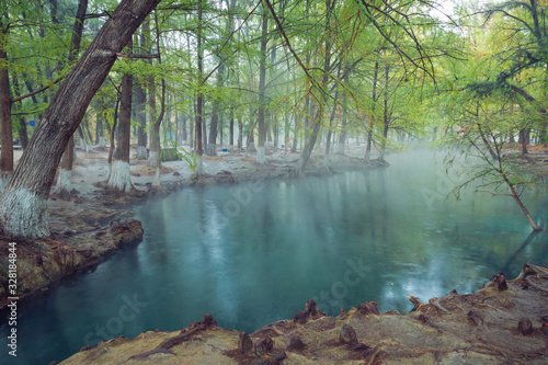 Hot Spring  Blurred photo of morning fog over a lake in cold autumn weather in half moon san luis potosi