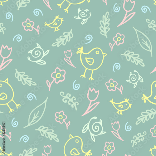 The pattern of small flowers and birds. The pattern of small flowers. Contour drawings on a turquoise background.