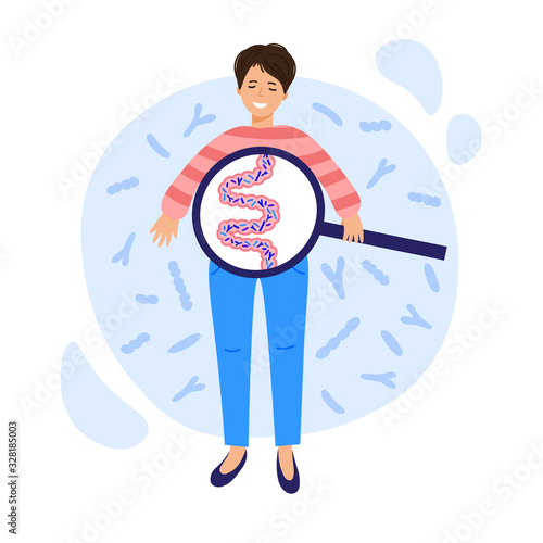 the girl with probiotics in her gut is smiling. good microflora, the beneficial bacteria. health care, proper digestion.