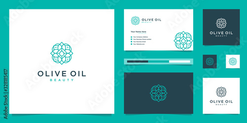 Olive tree and oil logo design and business cards Premium Vector