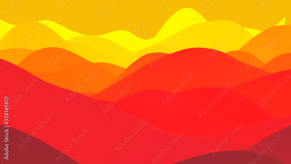 Fototapeta premium abstract fantastic background, liquid gradient of paint with internal glow forms hills or peaks like landscape in subsurface scattering material, mat color transitions. Red yellow orange