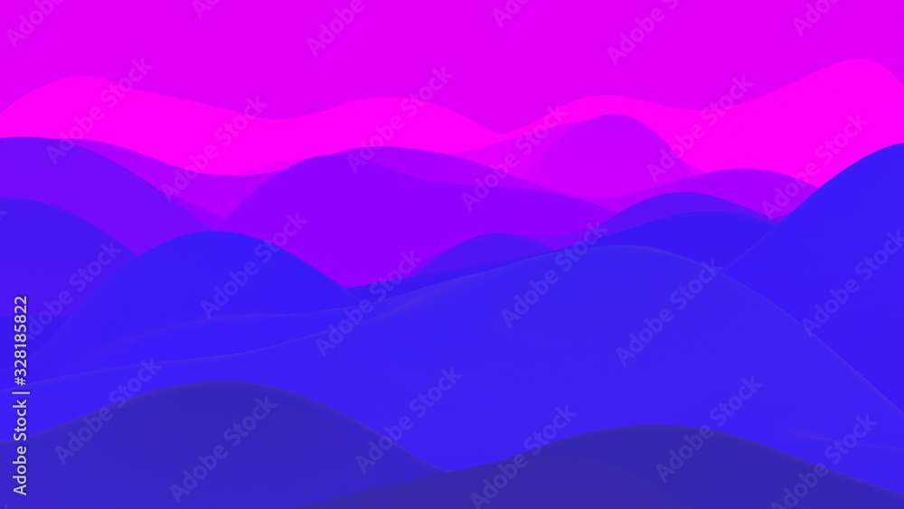 abstract fantastic background, liquid gradient of paint with internal glow forms hills or peaks like landscape in subsurface scattering material, mat color transitions. Blue purple