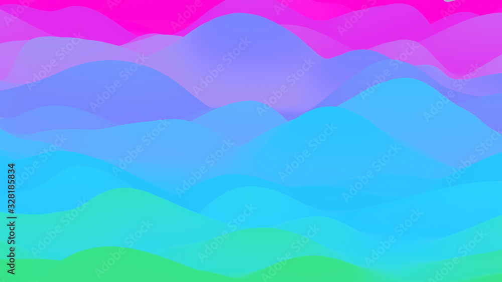 abstract fantastic background, liquid gradient of paint with internal glow forms hills or peaks like landscape in subsurface scattering material, mat color transitions. Green blue purple