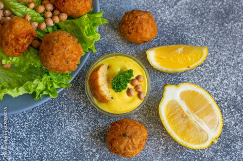 Deep-fried homemade vegetarian falafel made from ground chickpea
