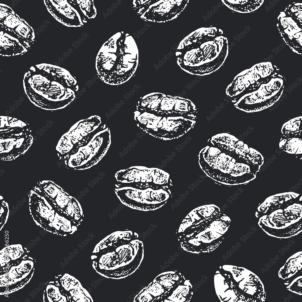 Coffee beans on black background. Vintage chalk drawing style vector seamless pattern