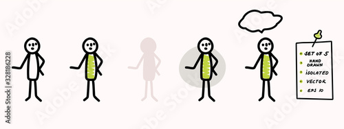 Hand drawn stick figure pondering pose. Concept of lecture, explanation or talk. Simple vector stickman line art icon. Symbol sign with speech bubble. Isolated set of 5 in simple crayon doodle color.