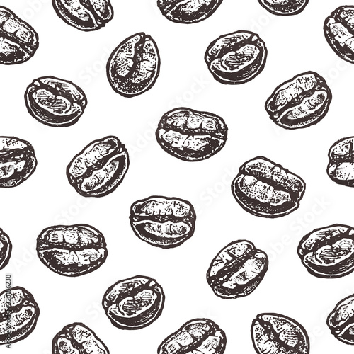 Coffee beans on white background. Vintage vector seamless pattern
