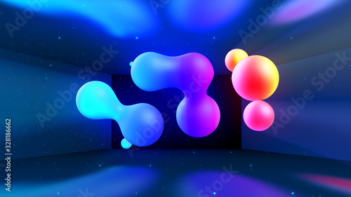 Spheres or balls merge like liquid wax drops or metaballs in-air. Liquid gradient of rainbow colors on beautiful drops with multi-colored glow, scattering light inside. 3d render. 11