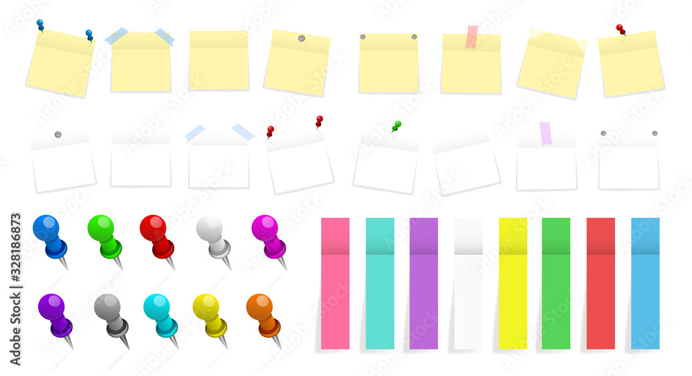 Mega pack of colored office paper stickers and metal pins with shadows isolated on white background. Reminder tag elements mock up. Vector illustration Mega pack of colored office paper stickers and metal pins with shadows isolated on white background. Reminder tag elements mock up. Vector illustration