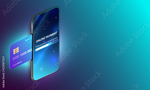 Smartphone payment technology. Isometric mobile phone and internet banking.