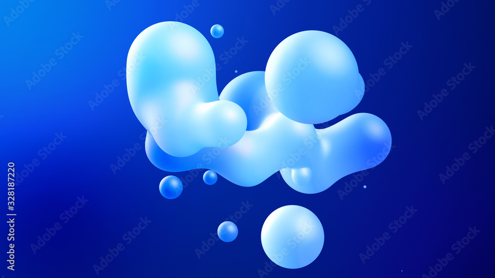 Spheres or balls merge like liquid wax drops or metaballs in-air. Liquid gradient of blue colors on beautiful drops with glow, scattering light inside. 3d render. 13