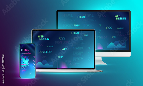Web development, coding and programming responsive layout internet site or app of devices. Creation digital Software for mobile platforms. Computer code on phone. Concept banner.
