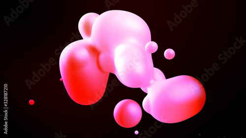 Spheres or balls merge like liquid wax drops or metaballs in-air. Liquid gradient of red colors on beautiful drops with glow, scattering light inside. 3d render. 5 photo