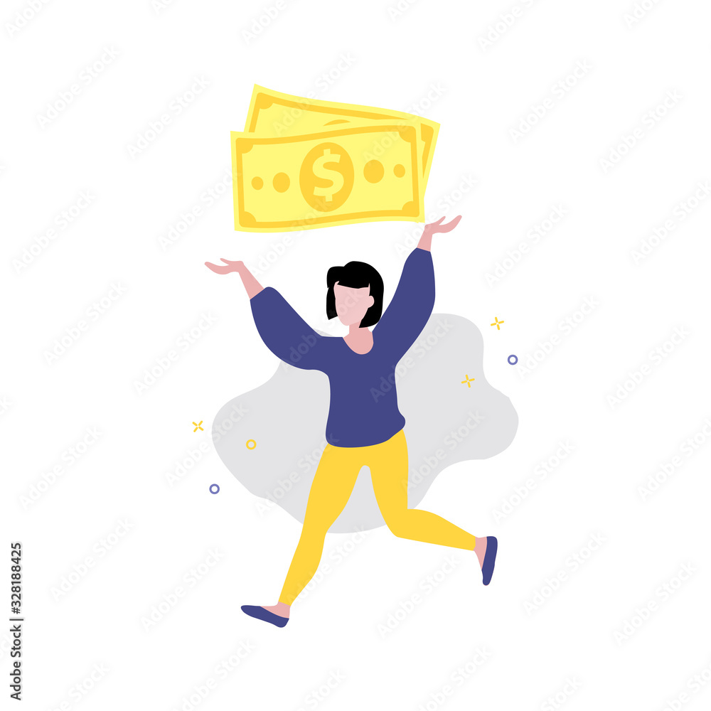 Vector illustration of girl or woman running with money in her hands. Sale, online shopping, shopping app, consumer, discount offer concept. Vector illustration of girl or woman running with money in her hands. Sale, online shopping, shopping app, consumer, discount offer concept.