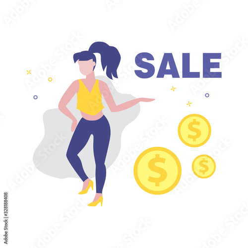 Vector illustration of girl or woman showing dollar or cent coins. Sale, online shopping, shopping app, consumer, discount offer concept. 