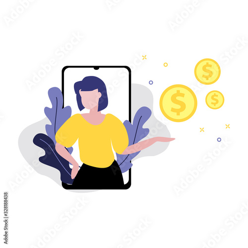 Vector illustration of girl or woman with dollar or cent coins. Sale, online shopping, shopping app, consumer  concept. Seasonal sale offer