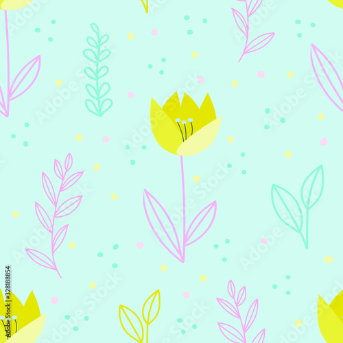 Abstract seamless pattern with flowers and leaves in pastel colors  yellow  pink blue.Seamless childish ornament for fabric invitations  wrapping paper  cards and other materials.