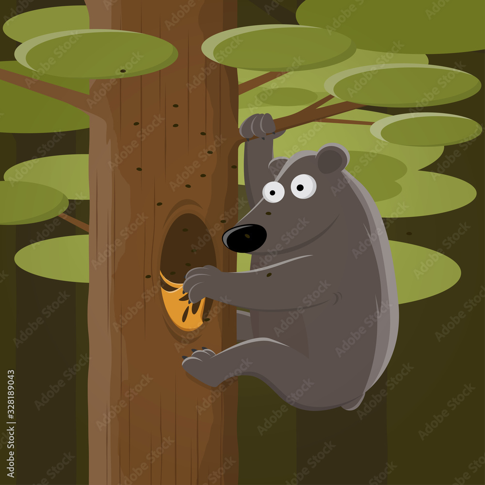 funny cartoon of a bear climbing a tree and looking for honey