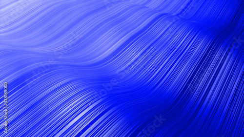 Beautiful abstract background of waves on surface, gradients of blue color, extruded lines as striped fabric surface with folds or waves on liquid. Blue white 25