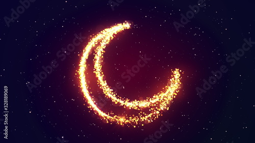 Shining gold particles creating a crescent moon shape with stras sky. Bright festive ramadan 3D illustration with hilal symbol from glitter and sparkles. 4K Holiday effect with bokeh and glow.