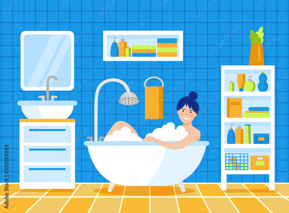 The girl takes a bath with foam. A young woman is relaxing in the bathroom. vector hand drawn flat illustration with a cute female character. home Spa.