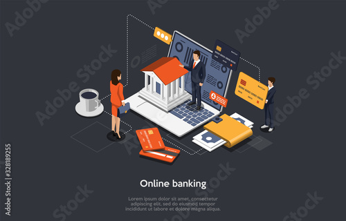 Isometric Online Banking Concept. People Are Paying By Card And Make Bank Transfer. Internet Shopping And Banking. Male And Female Characters Pay For Purchases Online. Cartoon Vector Illustration