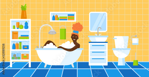 The girl takes a bath with foam. A young woman is relaxing in the bathroom. vector hand drawn flat illustration with a cute female character. home Spa.