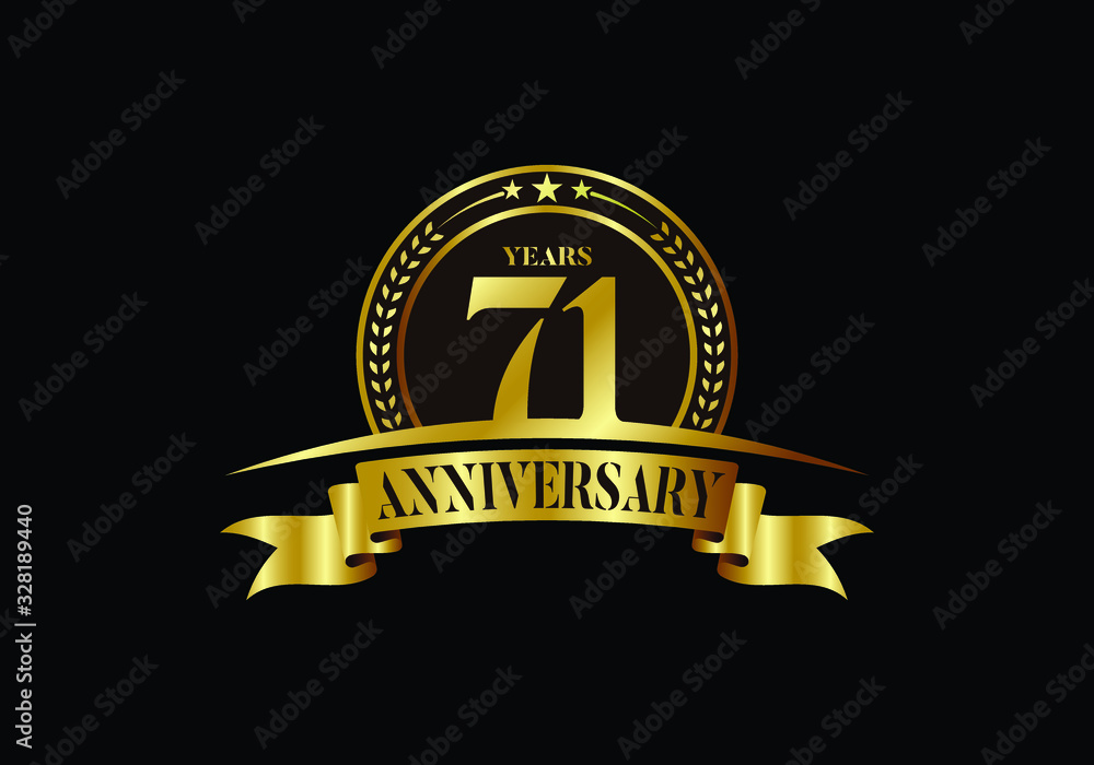 71th years anniversary logo template, vector design birthday celebration, Golden anniversary emblem with ribbon. Design for a booklet, leaflet, magazine, brochure, poster, web, invitation or greeting