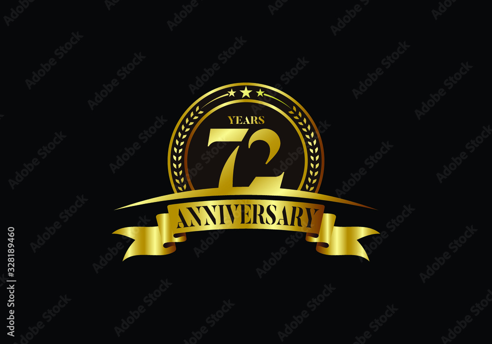 72th years anniversary logo template, vector design birthday celebration, Golden anniversary emblem with ribbon. Design for a booklet, leaflet, magazine, brochure, poster, web, invitation or greeting