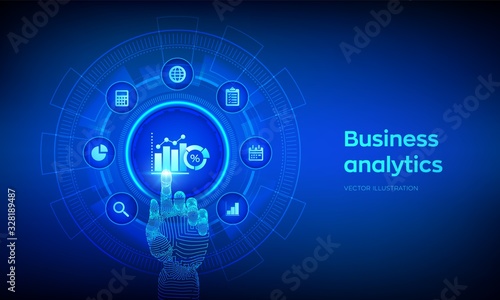 Business data analytics and robotic process automation concept on virtual screen. Profit and revenue of company, BI or KPI concept. Robotic hand touching digital interface. Vector illustration.