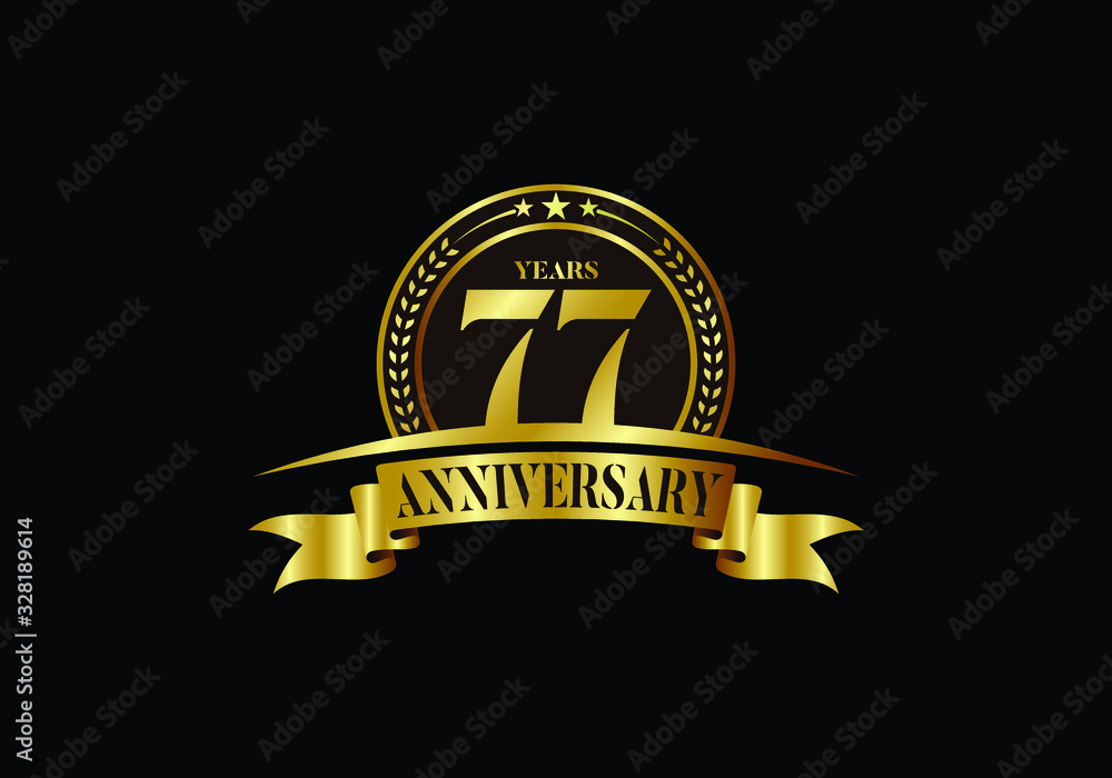 77th years anniversary logo template, vector design birthday celebration, Golden anniversary emblem with ribbon. Design for a booklet, leaflet, magazine, brochure, poster, web, invitation or greeting