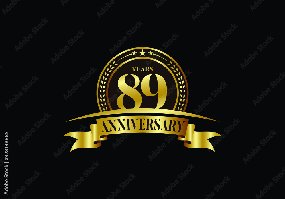 89th years anniversary logo template, vector design birthday celebration, Golden anniversary emblem with ribbon. Design for a booklet, leaflet, magazine, brochure, poster, web, invitation or greeting 89th years anniversary logo template, vector design birthday celebration, Golden anniversary emblem with ribbon. Design for a booklet, leaflet, magazine, brochure, poster, web, invitation or greeting