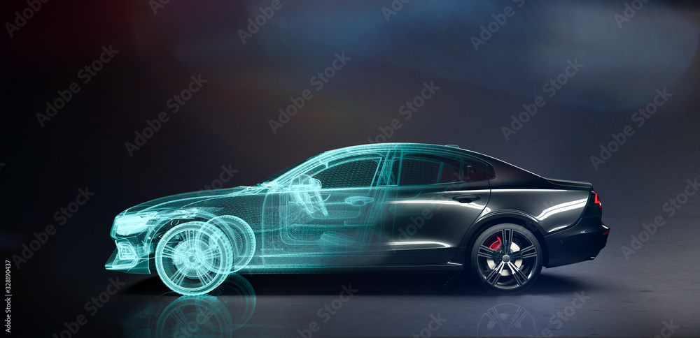 Modern car technology concept with wireframe intersection (3D illustration) Modern car technology concept with wireframe intersection (3D illustration)