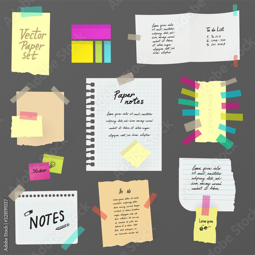 Paper notes on stickers, board, notifications on the fridge, paper notes and stickers, handwritten todo list. Vector blank sticky notepaper posts of meeting reminder, to do list or information board