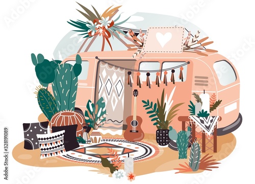 Hippie van in boho style, retro decorations for photo shooting session, vector illustration. Old car and hippie lifestyle accessories, romantic setup for photo studio. Retro atmosphere in boho style