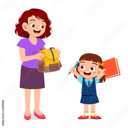 happy mother preparing bag for her kid