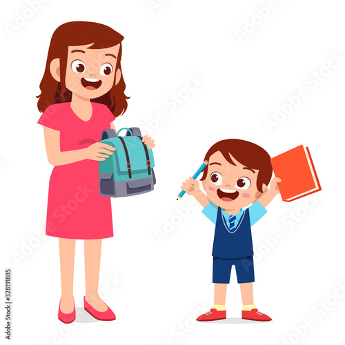 happy mother preparing bag for her kid
