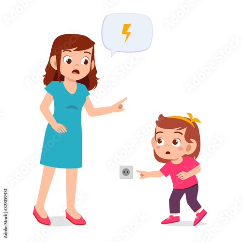 mom warn her kid girl that play electric socket