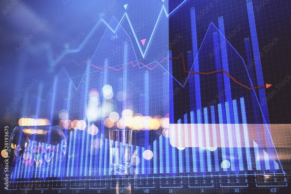 Multi exposure of forex chart and work space with computer. Concept of international online trading. Multi exposure of forex chart and work space with computer. Concept of international online trading.